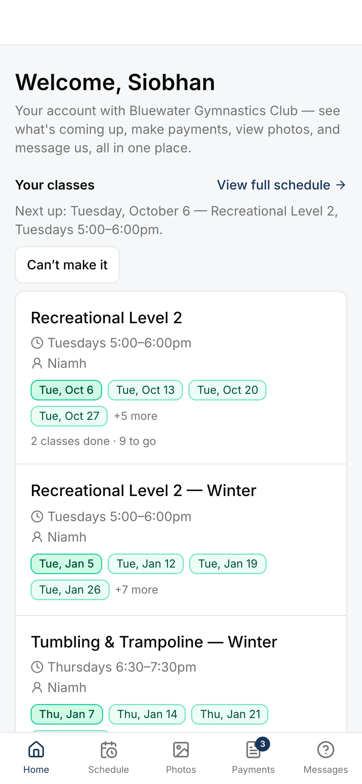 The family portal’s home on a phone: “Welcome, Siobhan”, the next class on Tuesday with Can’t make it, and each of the child’s classes with its dates — two classes done, nine to go.