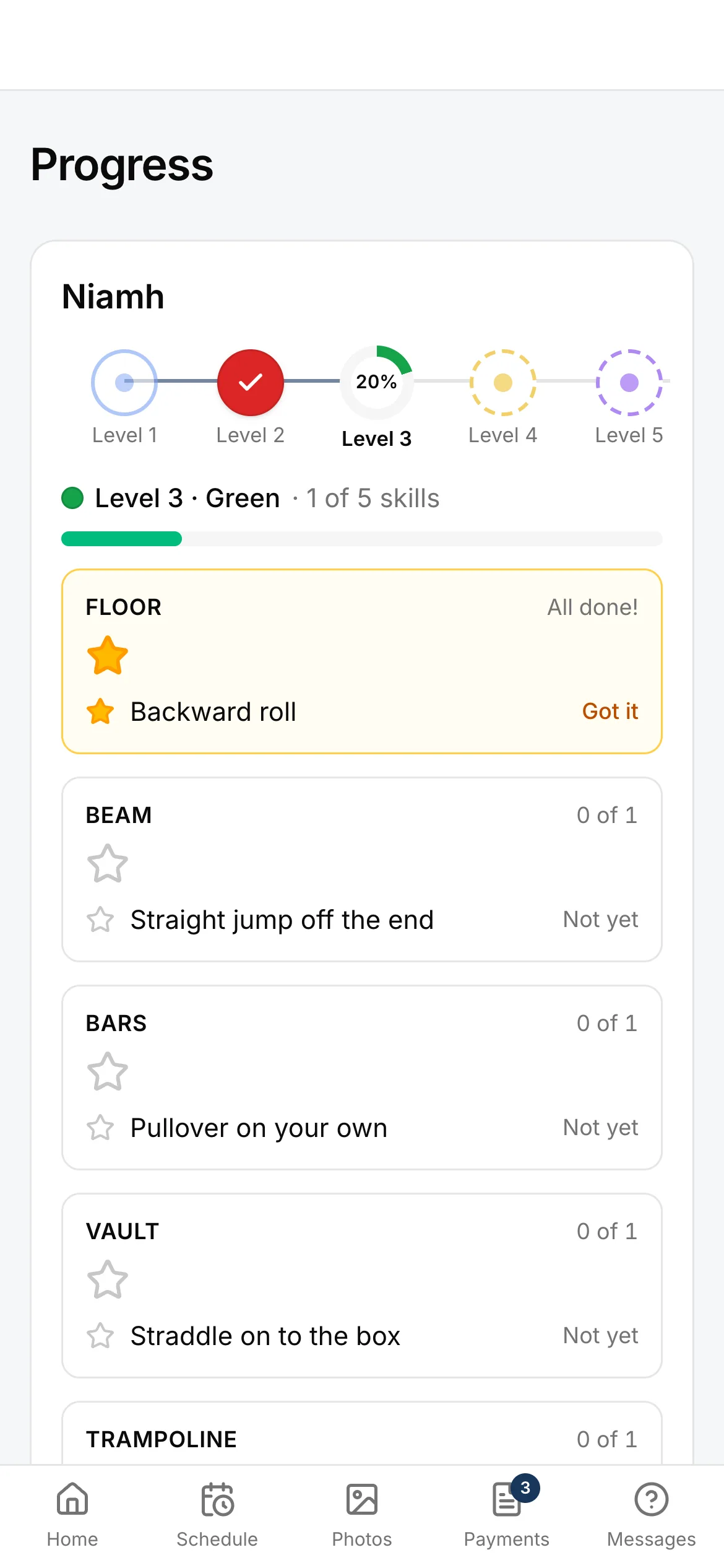 Progress in the family portal on a phone: a child’s ladder as a path of ribbons — Level 2 earned, Level 3 a fifth of the way — then Level 3, green, one of five skills, a star on the floor for the backward roll, and the beam, bars and vault still to come.