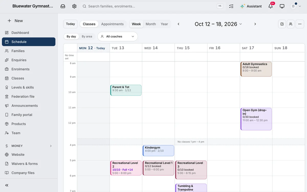 A week of the club’s classes in Daybook: Parent & Tot, Recreational Level 2, Kindergym, Recreational Level 1, Recreational Level 3, Tumbling & Trampoline, Adult Gymnastics and Open Gym (drop-in), each with how many are booked — Recreational Level 2 full, with families waiting.