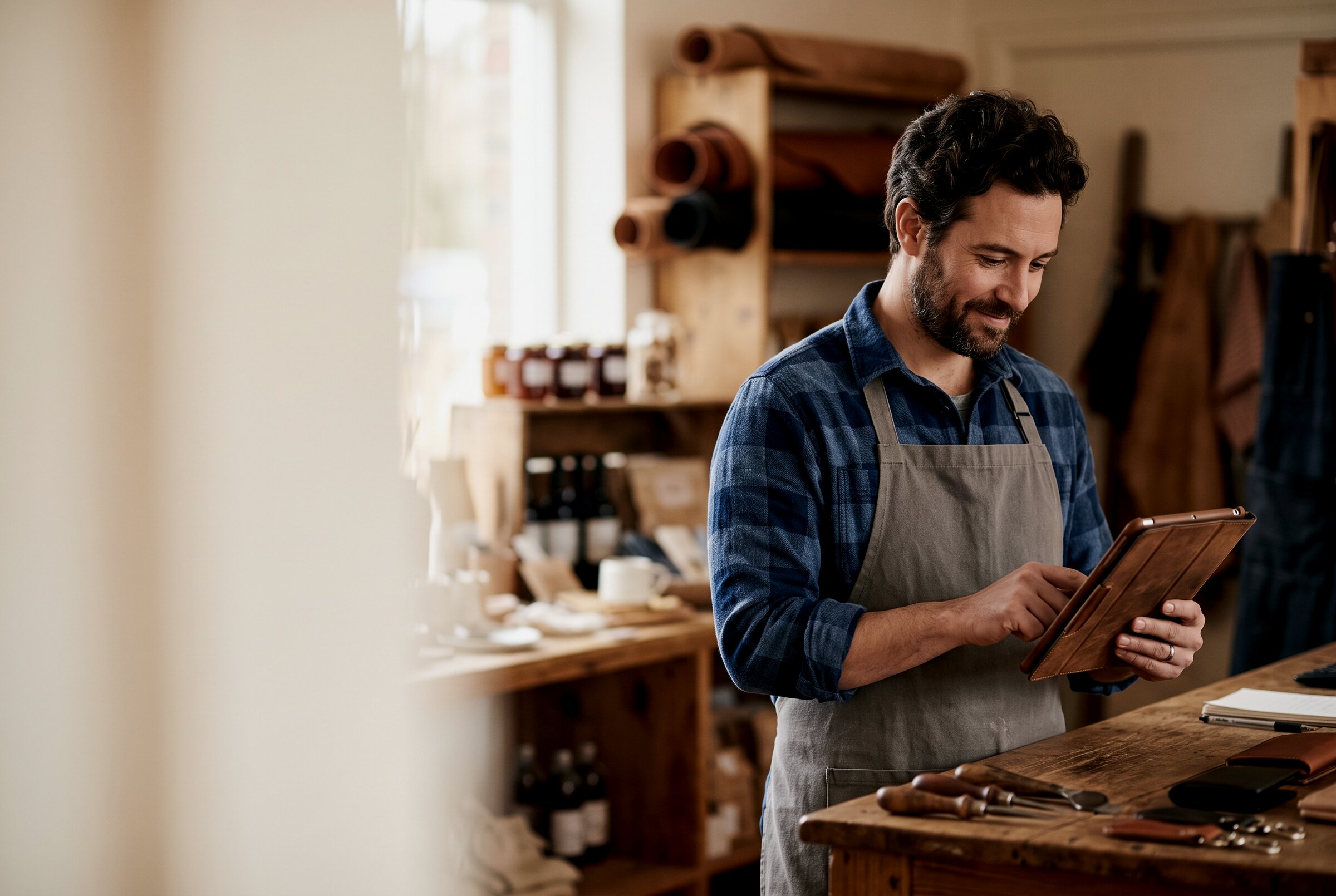 The owner of a small workshop standing at his bench, reading something on a tablet.