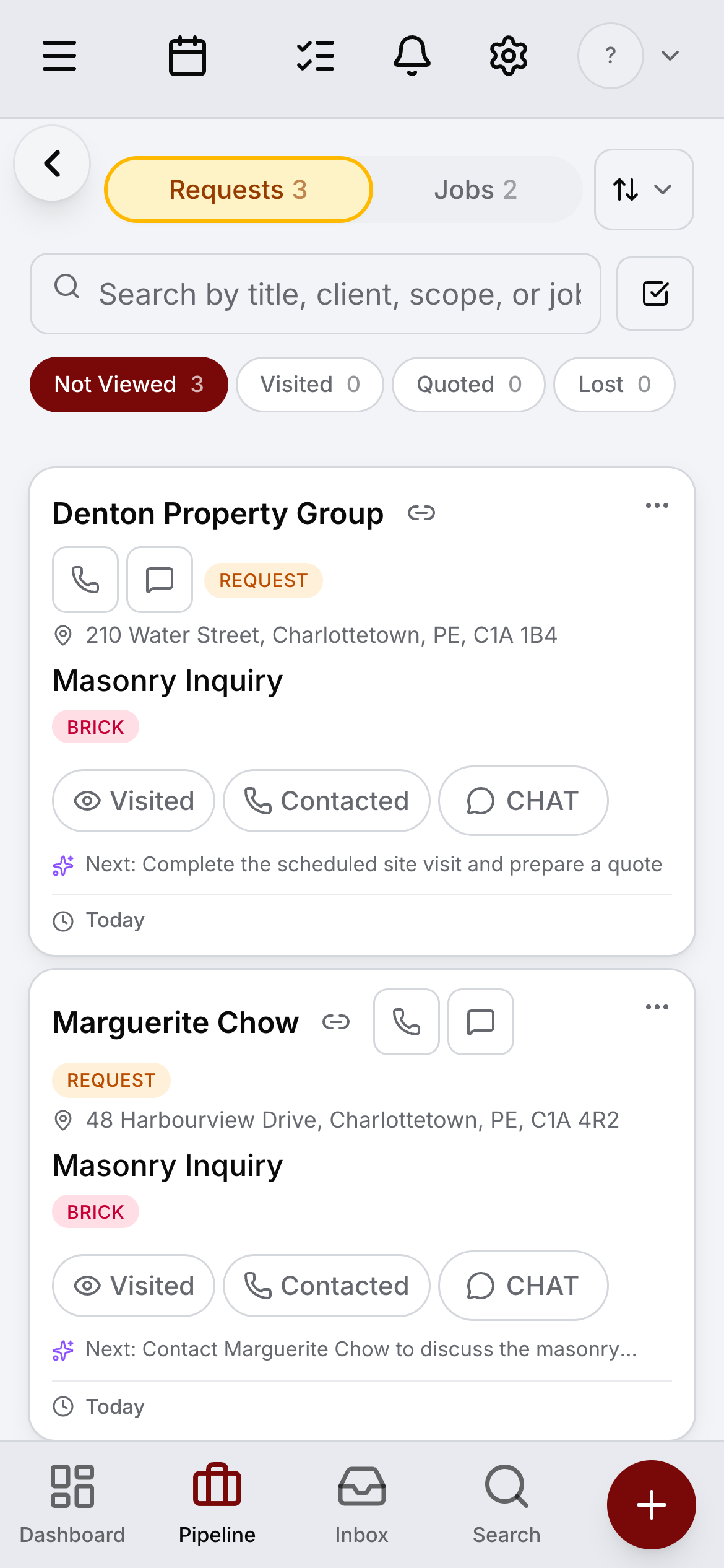 Daybook on a phone, playing through the app: the requests pipeline, a quote, and the create menu.