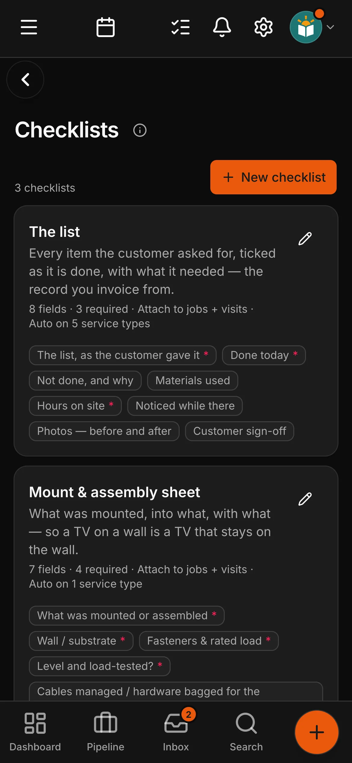The checklists in Daybook: “The list” and “Mount & assembly sheet”.