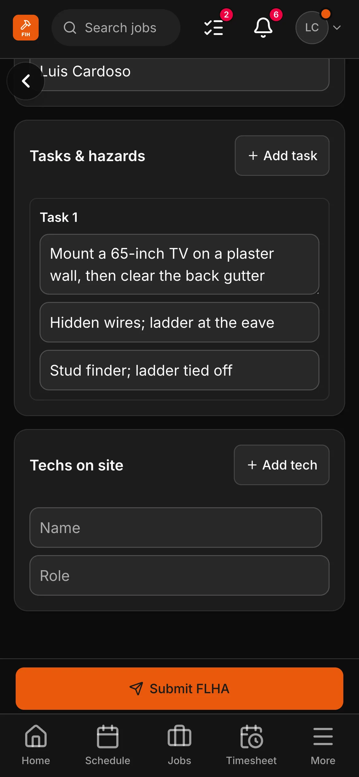 An FLHA in the crew app, “Mount a 65-inch TV on a plaster wall, then clear the back gutter”: the task with its hazard and its control.