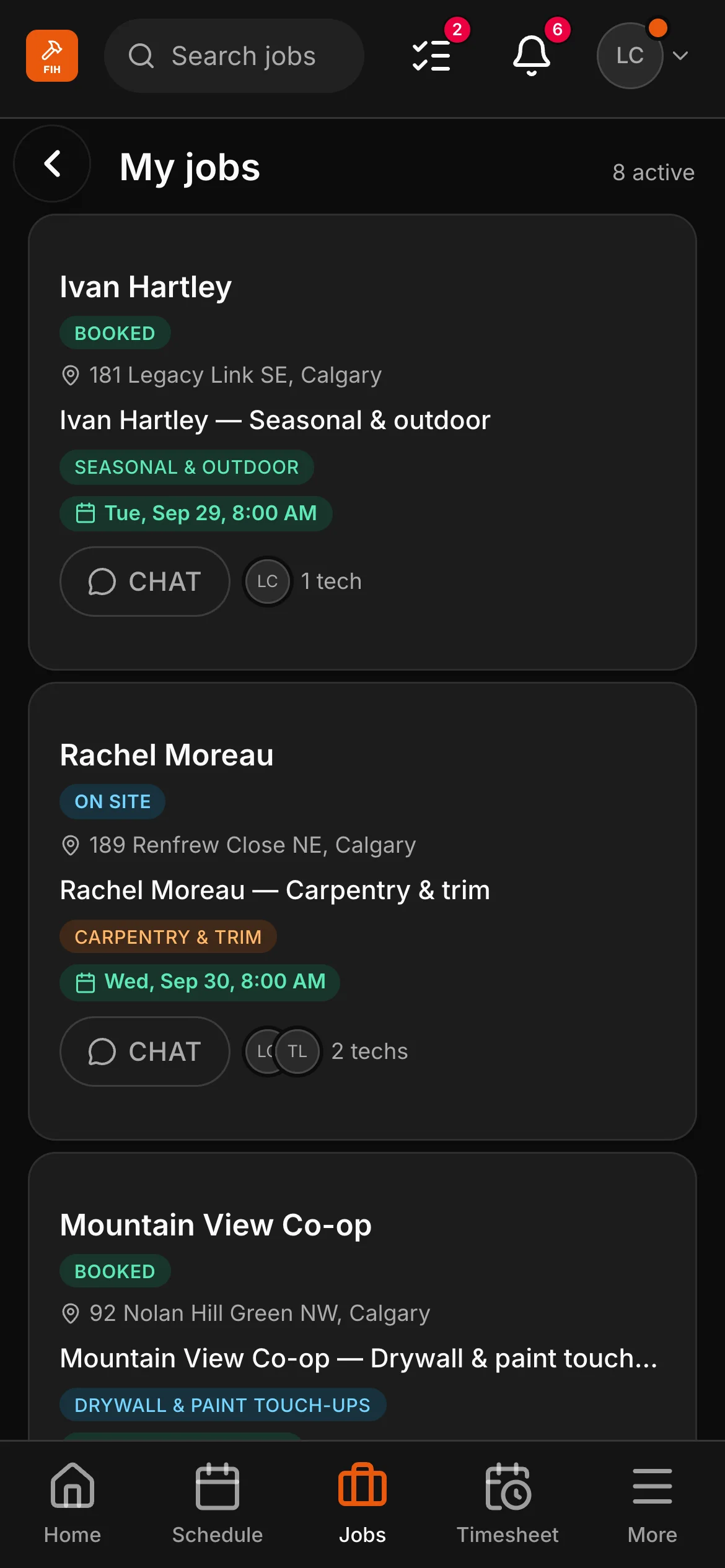 A crew member’s list in the crew app, 8 active: “Ivan Hartley — Seasonal & outdoor” and “Rachel Moreau — Carpentry & trim” among them, each with its address and its time.