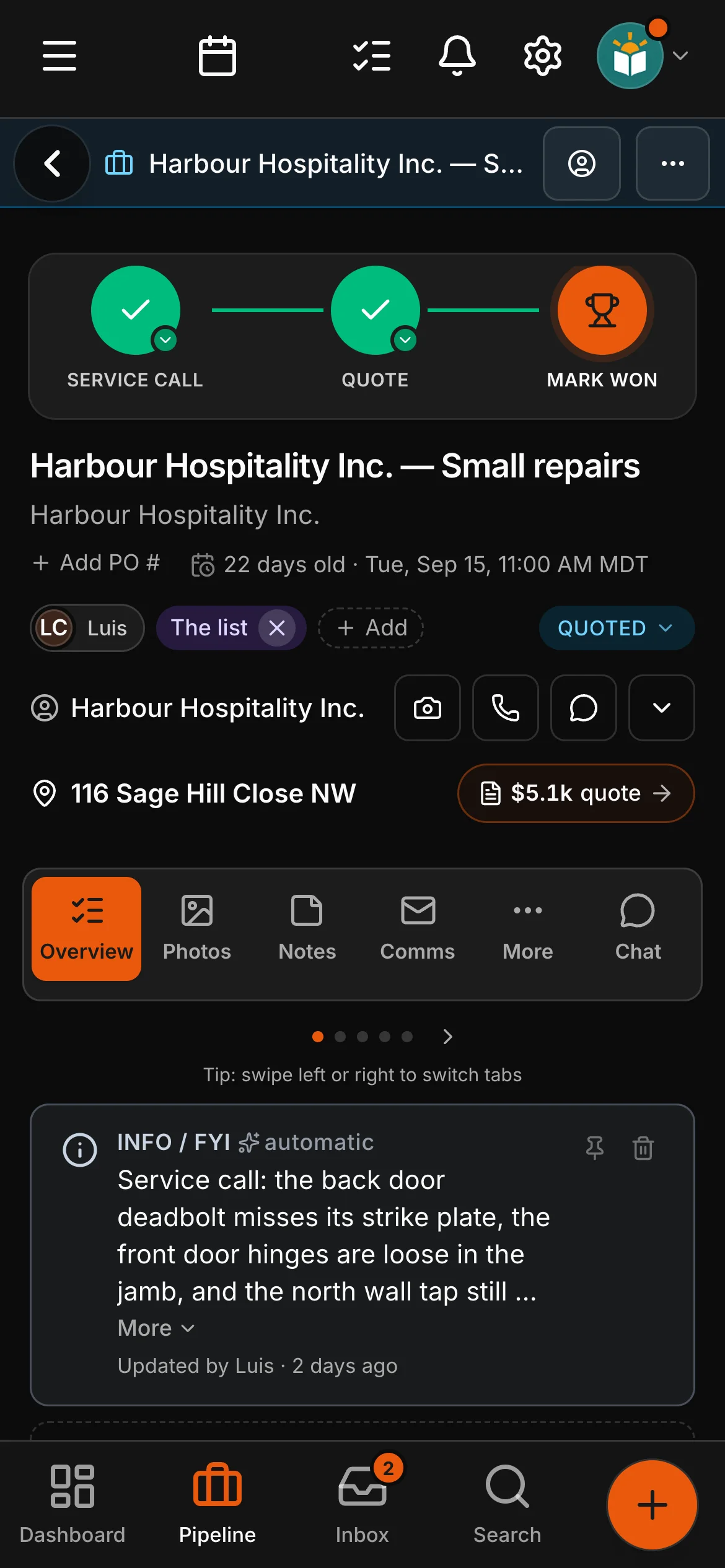 The job on its page in Daybook, its steps across the top: Service call, Quote and Mark won.