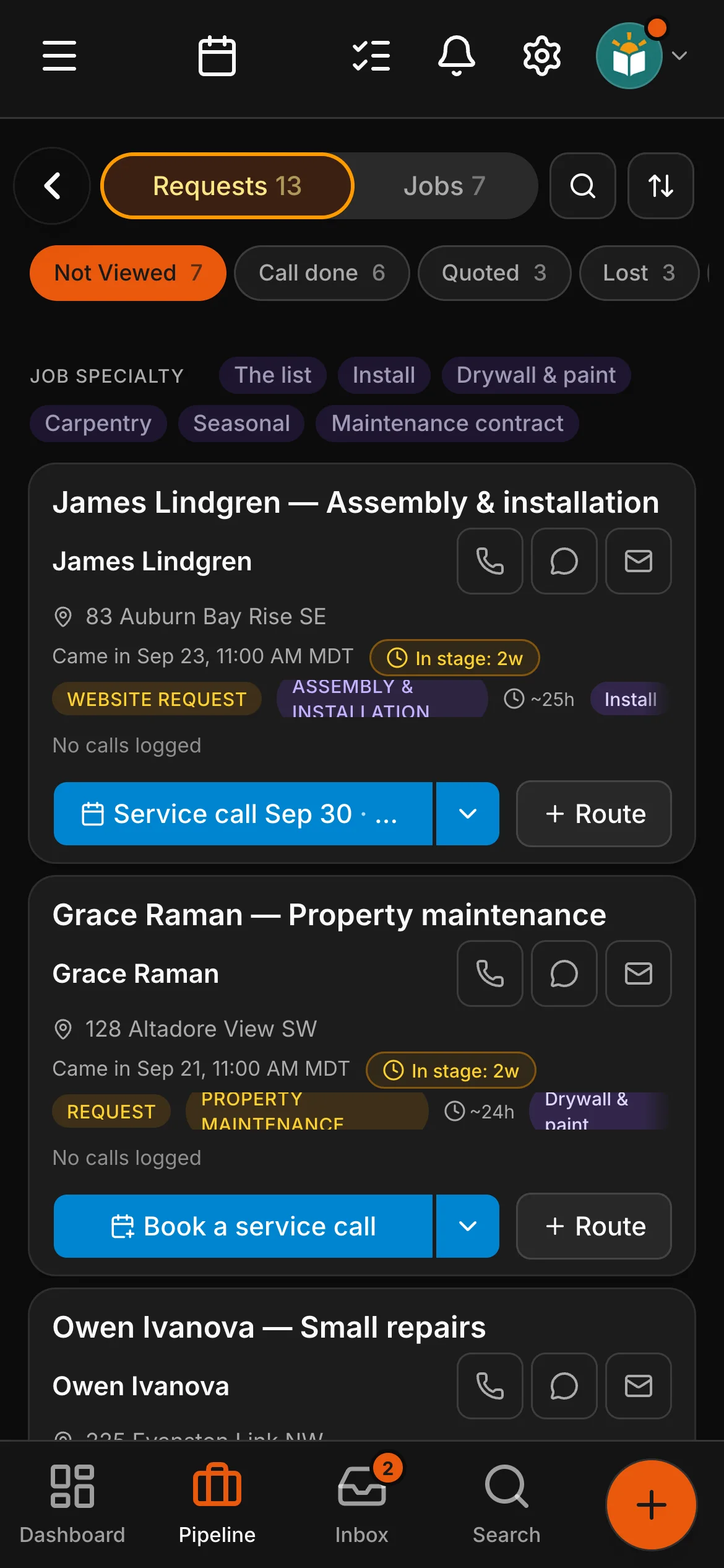 The requests board in Daybook: “James Lindgren — Assembly & installation” and “Grace Raman — Property maintenance”.