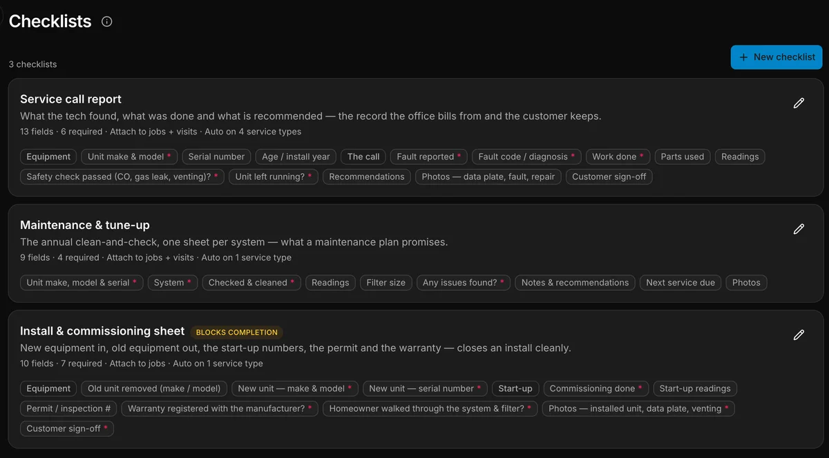 The checklists in Daybook: “Service call report” and “Maintenance & tune-up”.