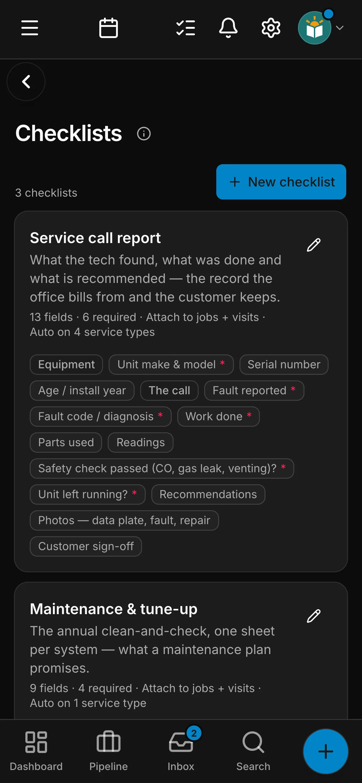 The checklists in Daybook: “Service call report” and “Maintenance & tune-up”.