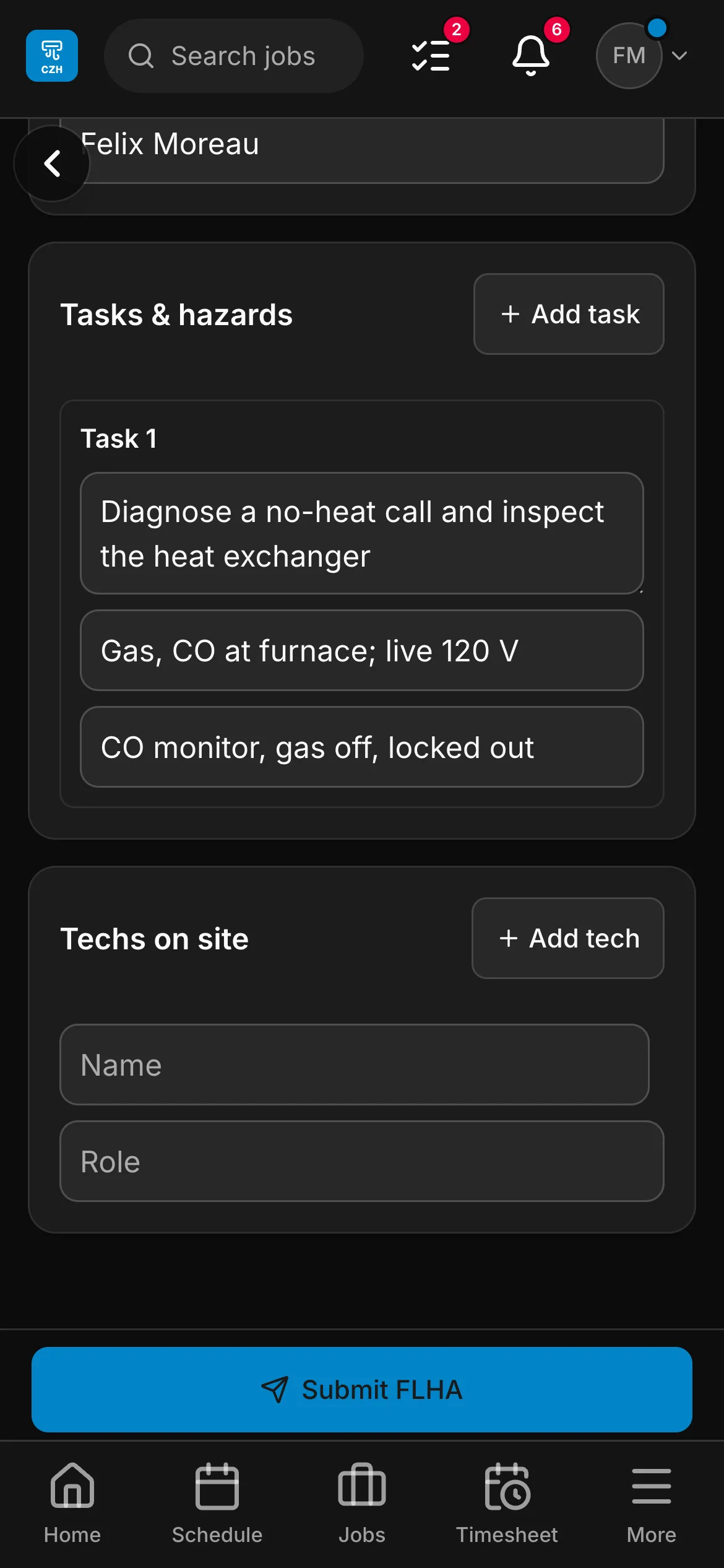 An FLHA in the crew app, “Diagnose a no-heat call and inspect the heat exchanger”: the task with its hazard and its control.