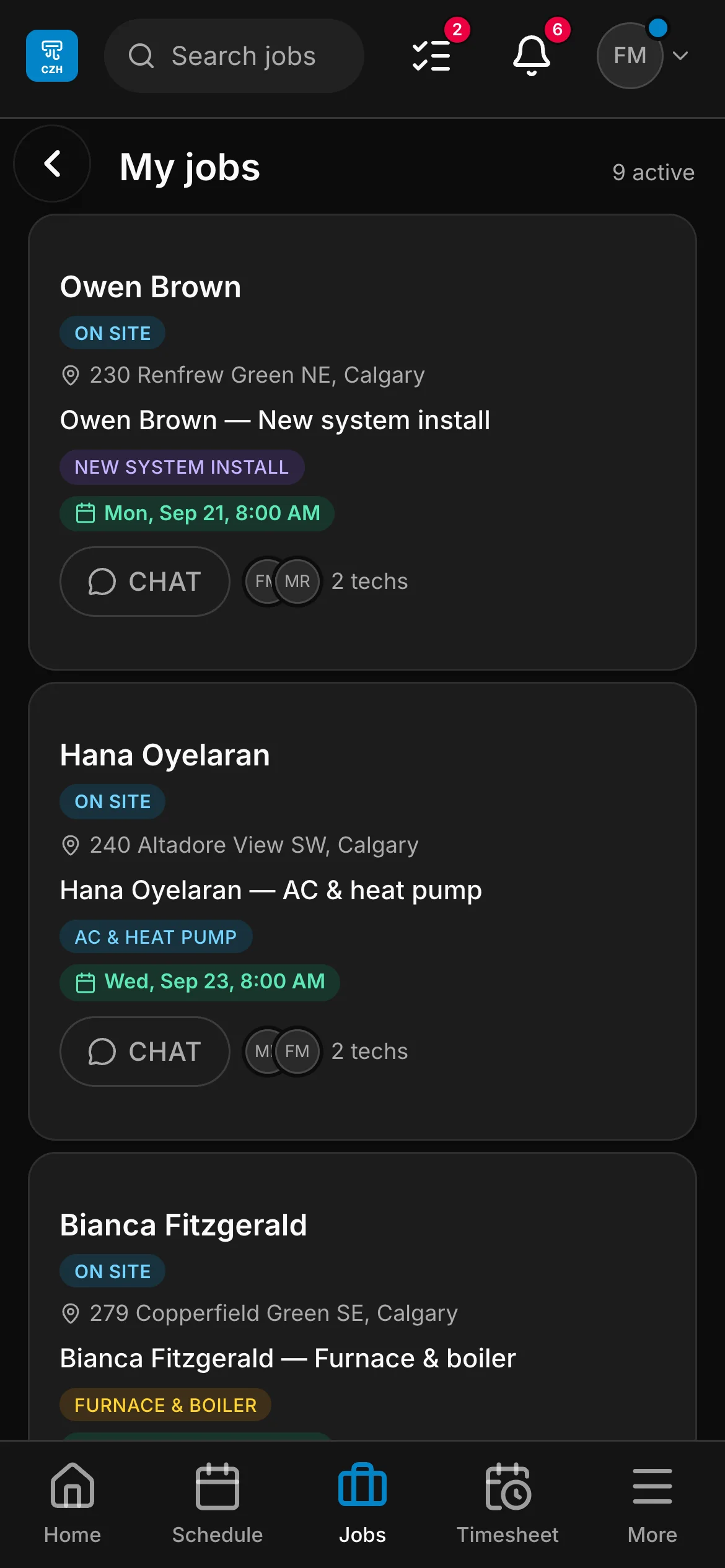 A crew member’s list in the crew app, 9 active: “Owen Brown — New system install” and “Hana Oyelaran — AC & heat pump” among them, each with its address and its time.
