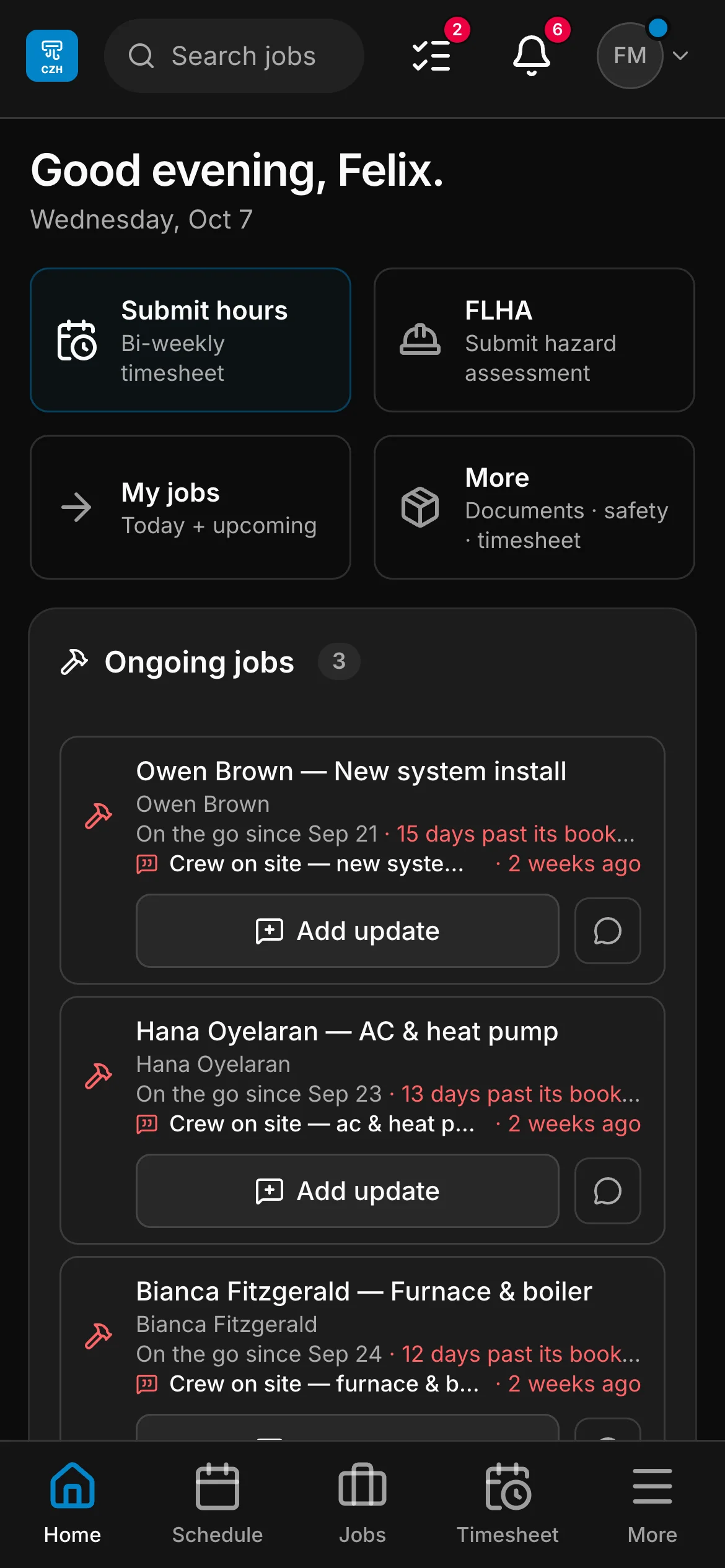 The crew app’s home: a greeting by name, then Submit hours, FLHA, My jobs and More, and the jobs on the go below them, each with Add update.