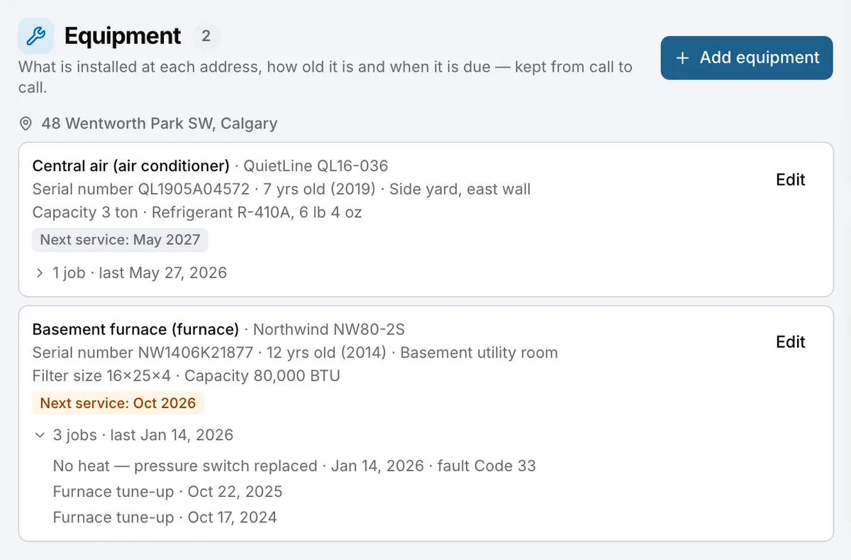 A heating company’s client in Daybook, her equipment on file: the basement furnace and the central air, each with its make, model and serial, the furnace’s calls listed: Northwind NW80-2S and QuietLine QL16-036.