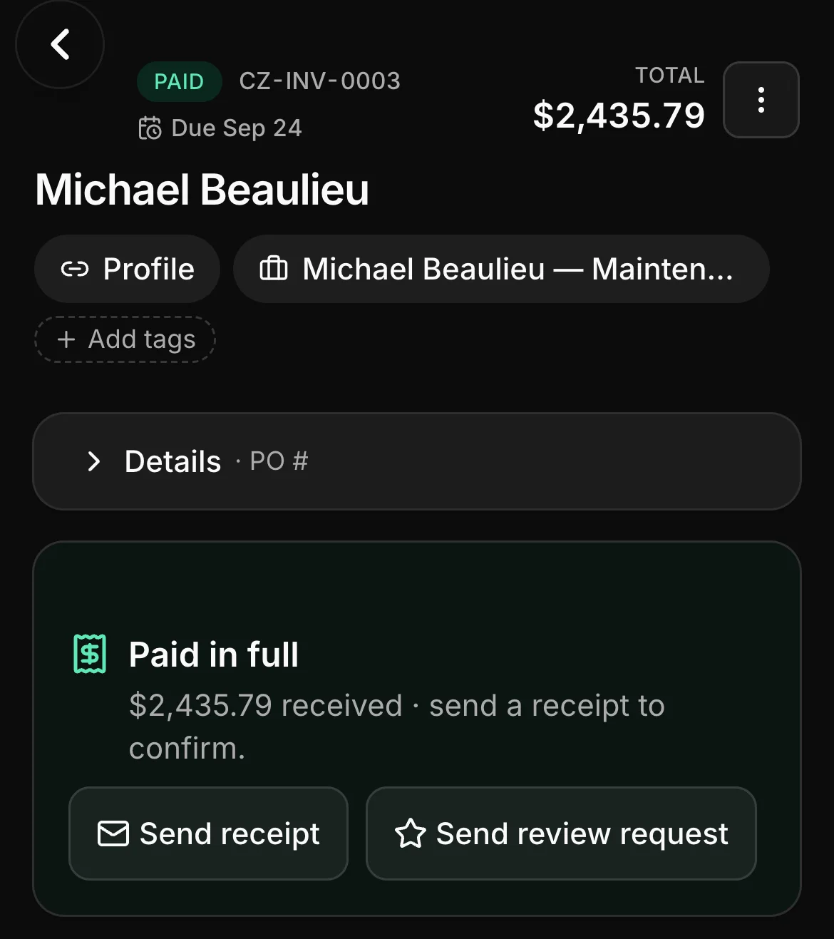 A paid invoice in Daybook: CZ-INV-0003, paid, $2,435.79.