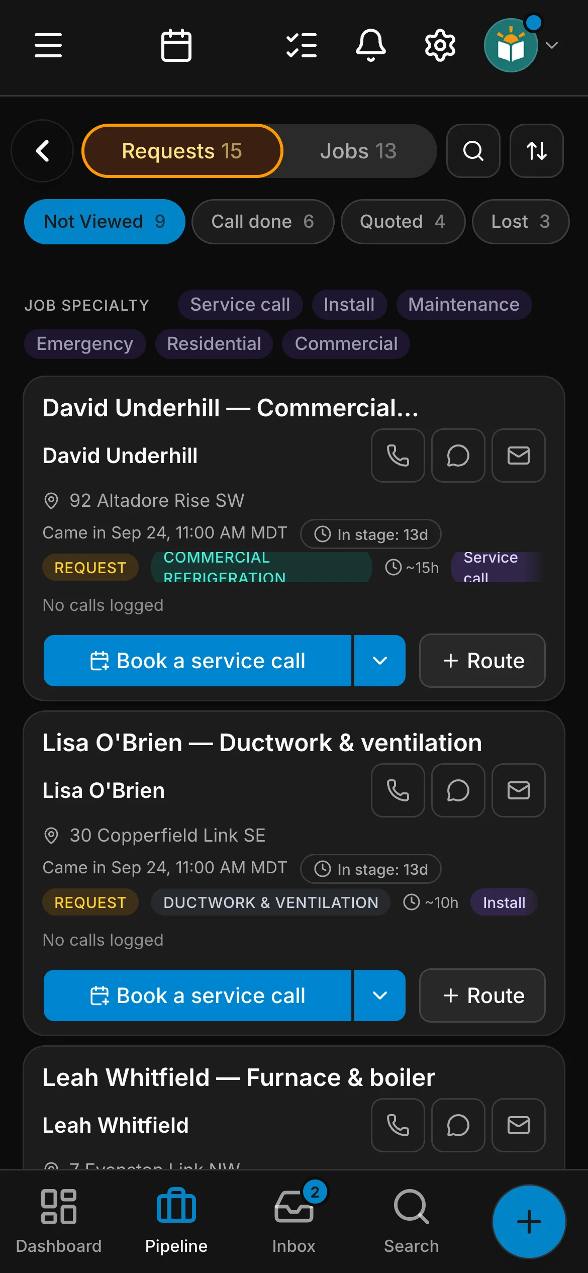 The requests board in Daybook: “David Underhill — Commercial refrigeration” and “Lisa O'Brien — Ductwork & ventilation”.