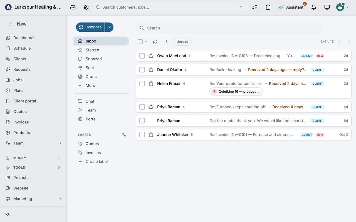 The inbox in Daybook, every conversation marked as a client’s: Owen MacLeod, Helen Fraser, Daniel Okafor and Priya Raman.