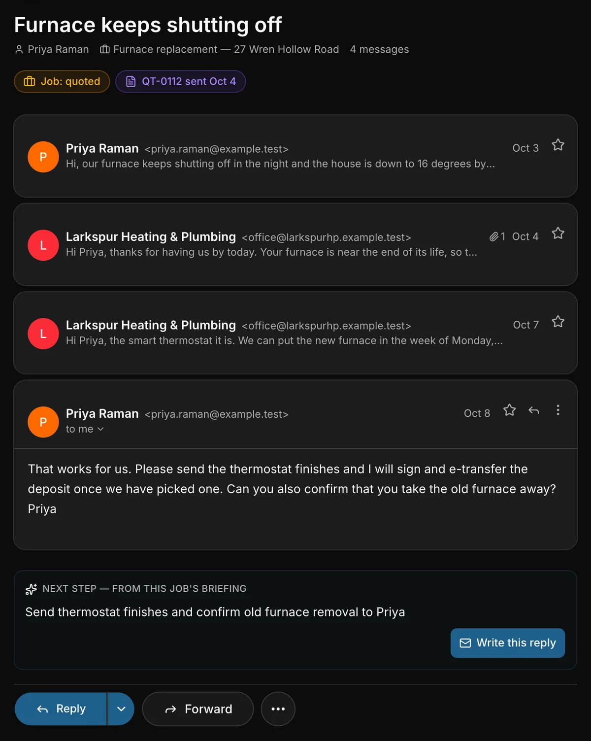 An email conversation on its job: “Furnace keeps shutting off”, between Priya Raman, down to the Reply bar.