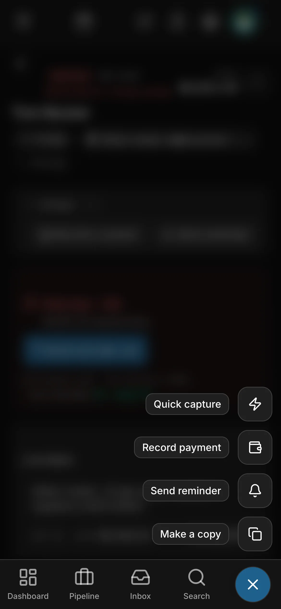 The create button open on an invoice: “Quick capture”, “Record payment”, “Send reminder” and “Make a copy”.