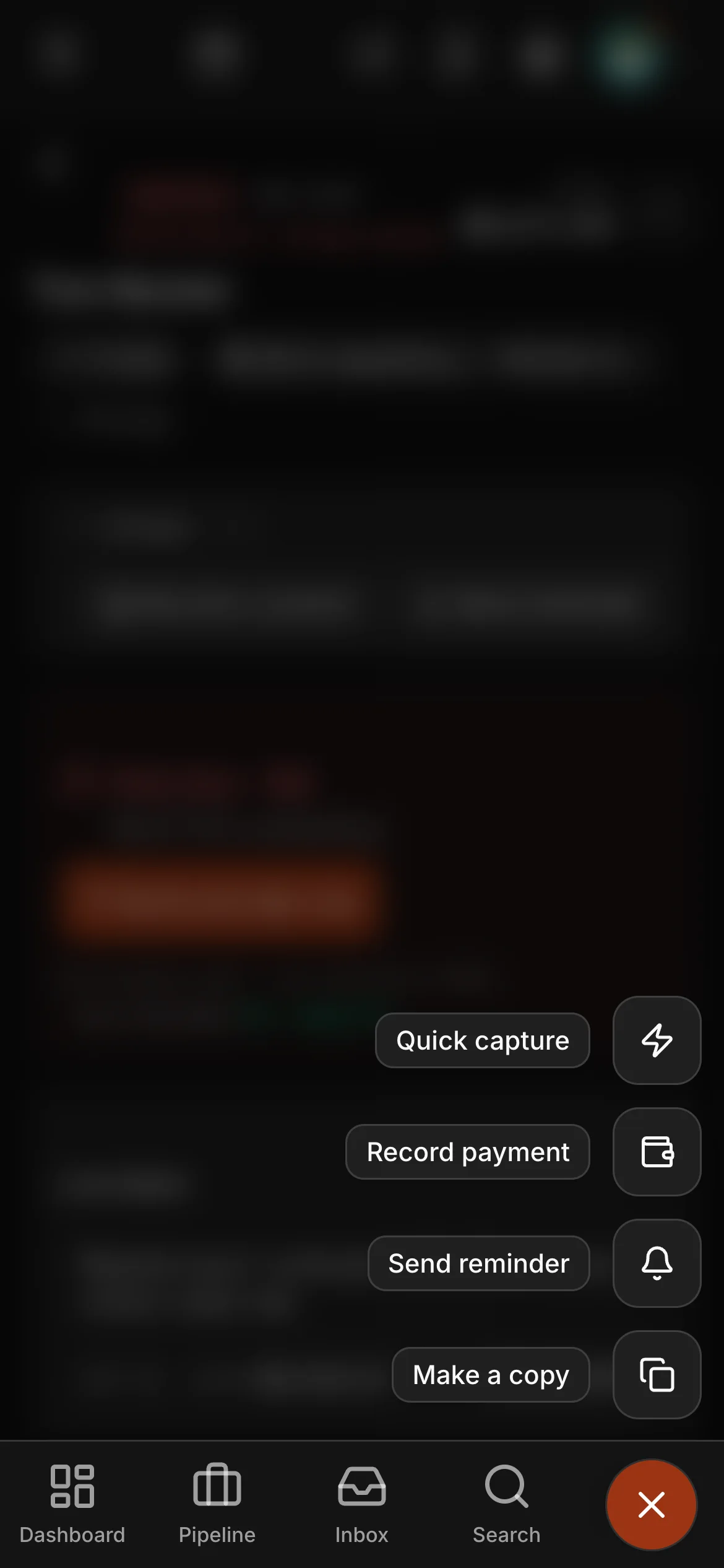 The create button open on an invoice: “Quick capture”, “Record payment”, “Send reminder” and “Make a copy”.