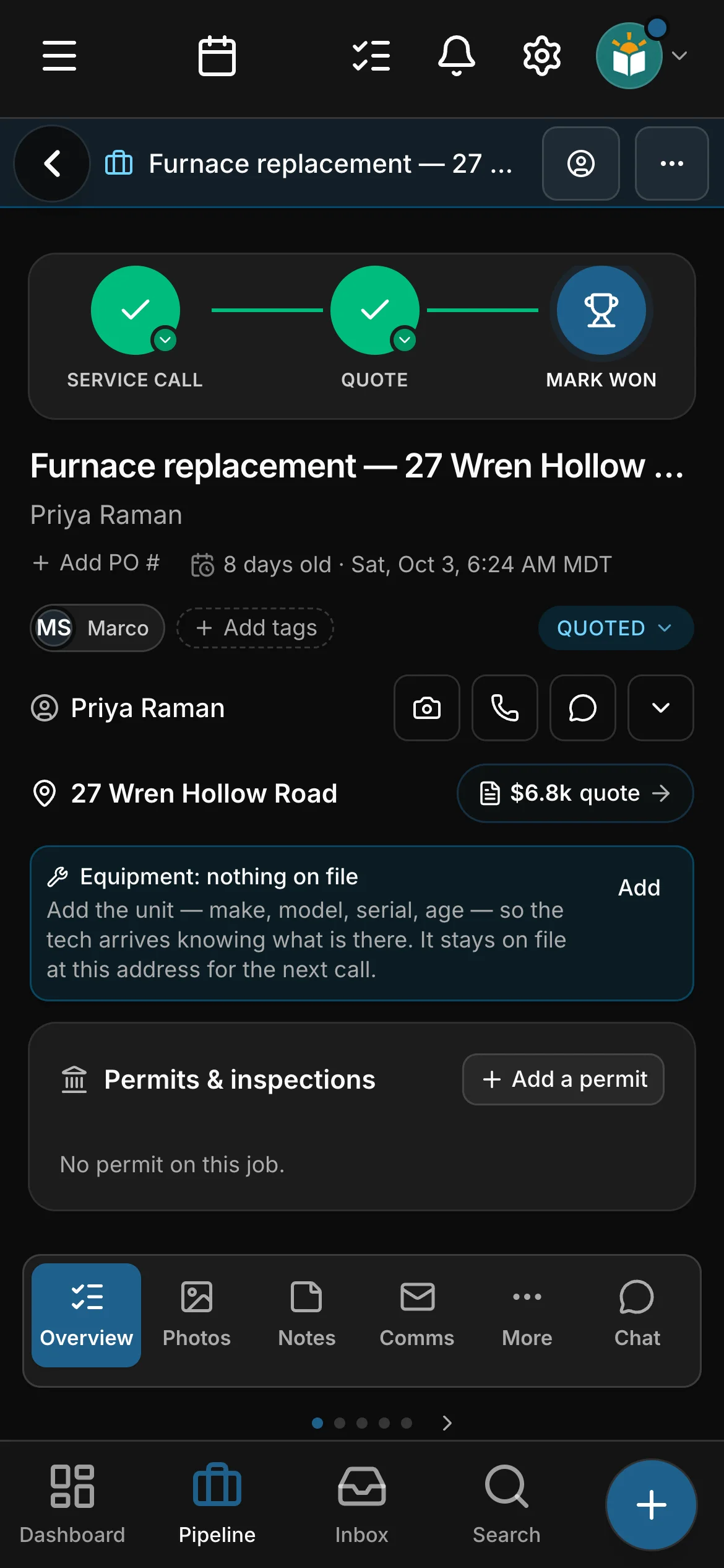 A job’s steps across the top of its page: Service call, Quote, Mark won and “Furnace replacement — 27 Wren Hollow Road”.
