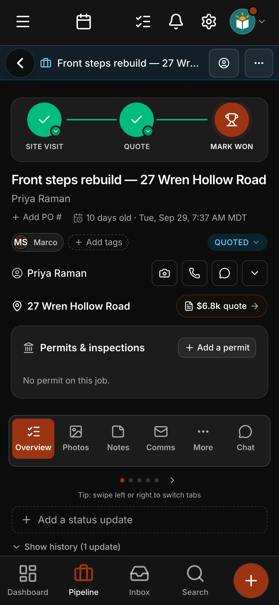 A job’s steps across the top of its page: Site visit, Quote, Mark won and “Front steps rebuild — 27 Wren Hollow Road”.