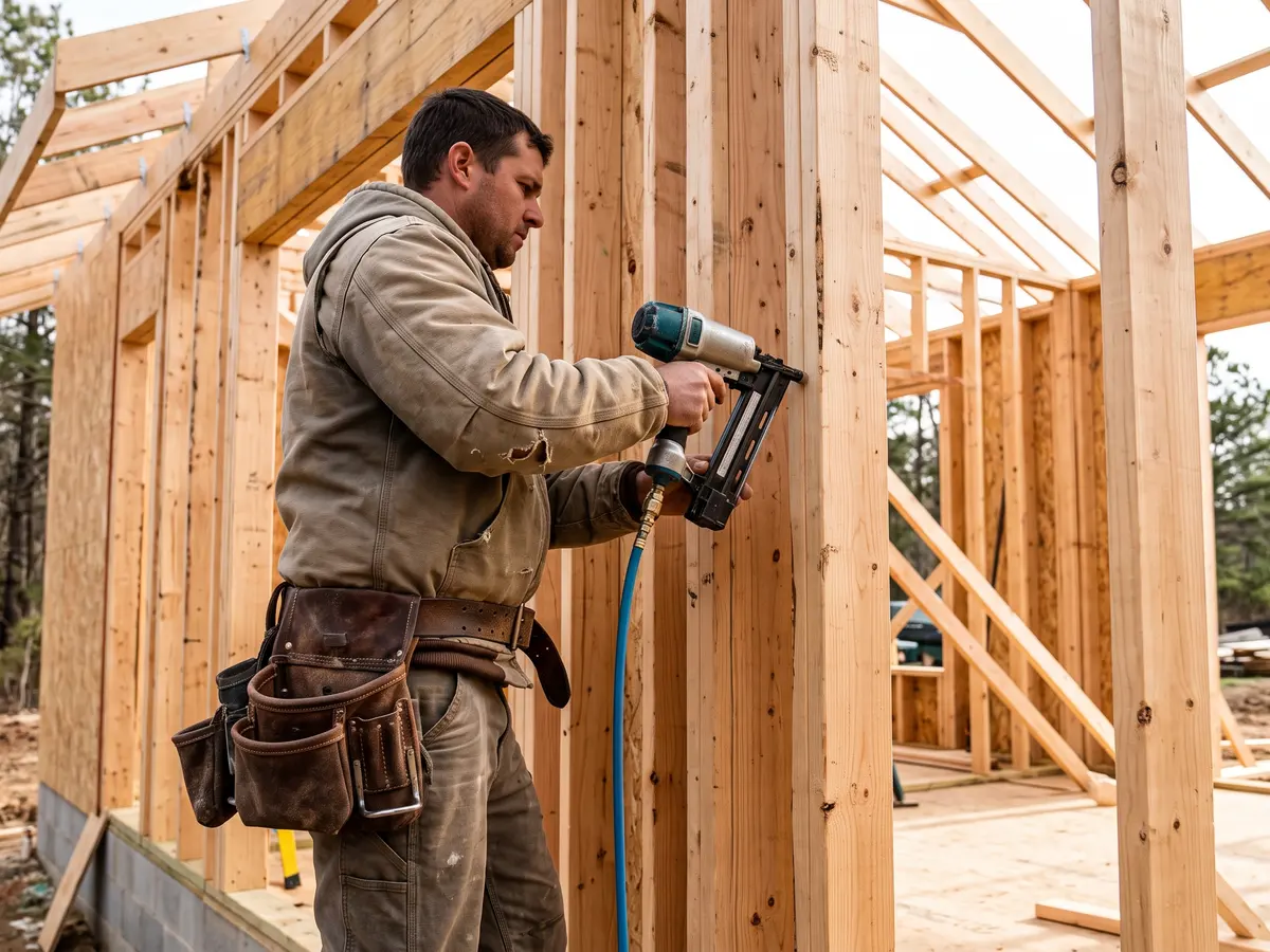 A framer driving a nailer into a stud of a new wood-framed addition, a leather tool belt on his hip.