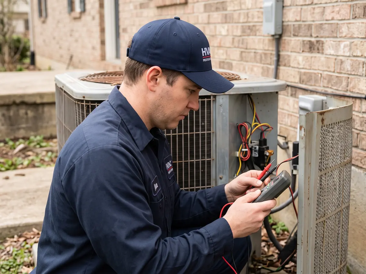 A heating and cooling tech crouched at a homeowner’s air conditioner beside a brick house, the unit’s panel open, reading a multimeter.