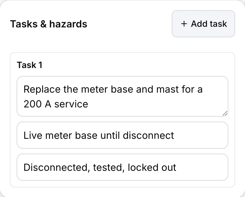 An electrician’s FLHA in the crew app, “Replace the meter base and mast for a 200 A service”: the task with its hazard and its control.