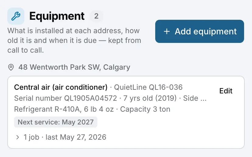 A heating company’s client in Daybook, her central air on file: QuietLine QL16-036, Serial number QL1905A04572 and Next service: May 2027.