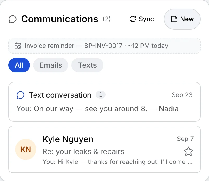 A plumbing job’s communications in Daybook: the crew’s text, “On our way — see you around 8. — Nadia”, above Kyle Nguyen’s email, “Re: your leaks & repairs”, and an invoice reminder set for today.