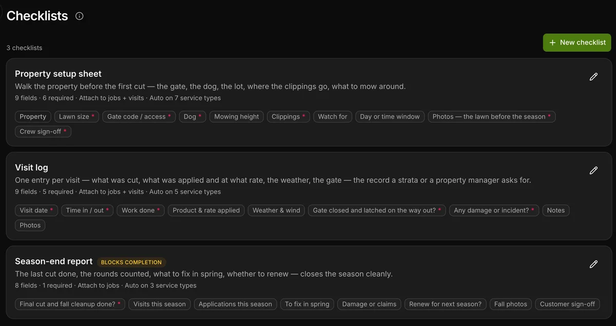 The checklists in Daybook: “Property setup sheet” and “Visit log”.
