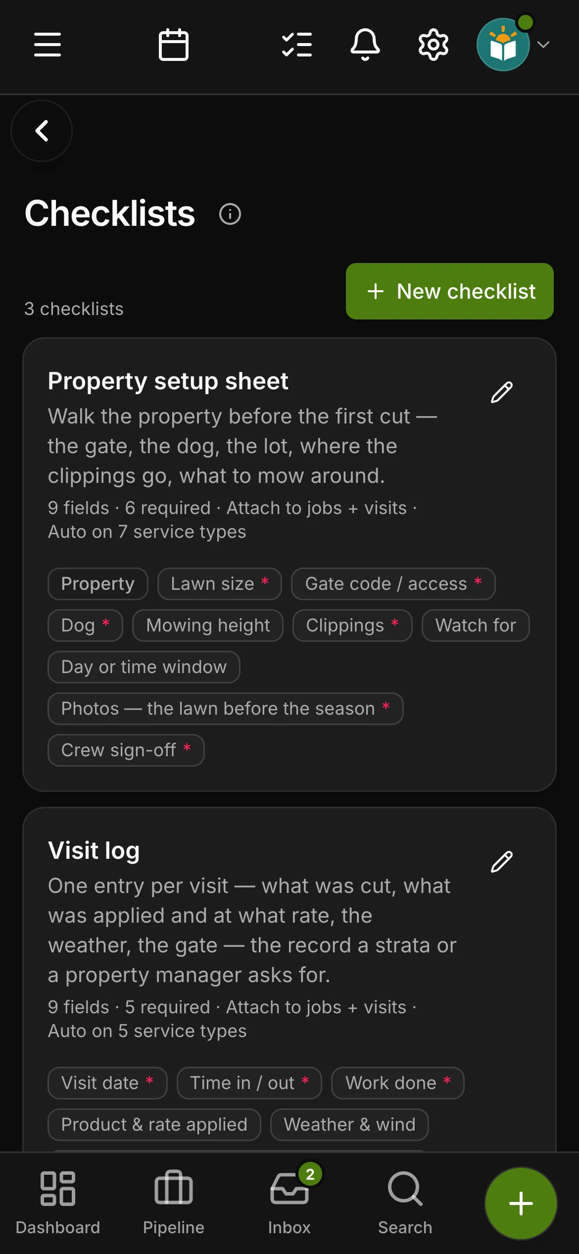 The checklists in Daybook: “Property setup sheet” and “Visit log”.