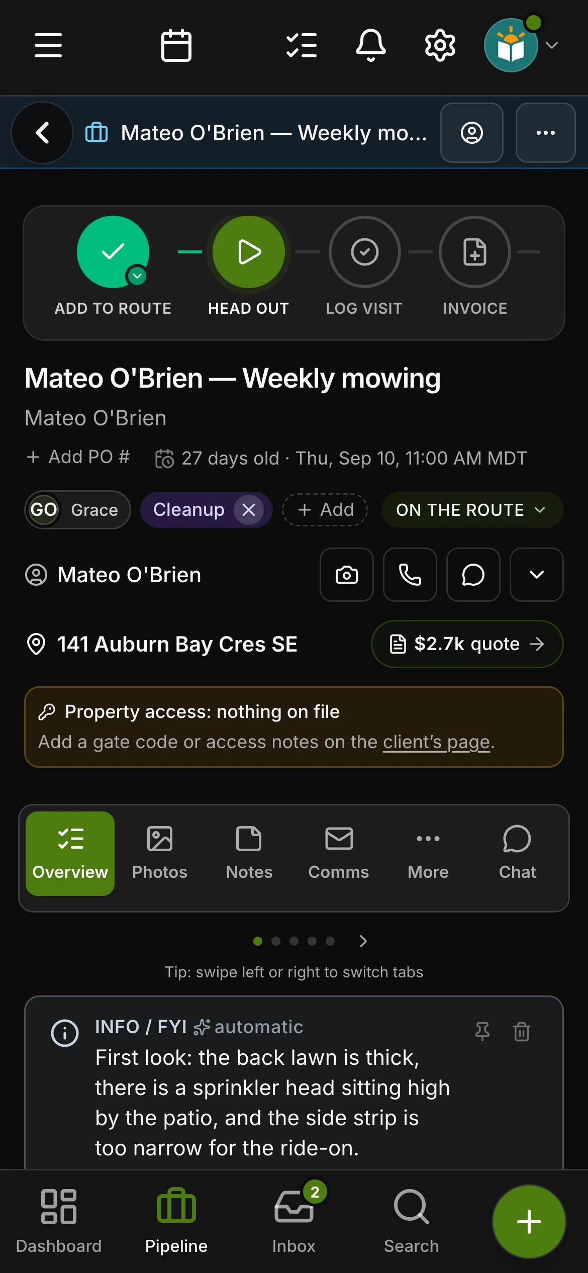The job on its page in Daybook, its steps across the top: Add to route, Head out, Log visit and Invoice.