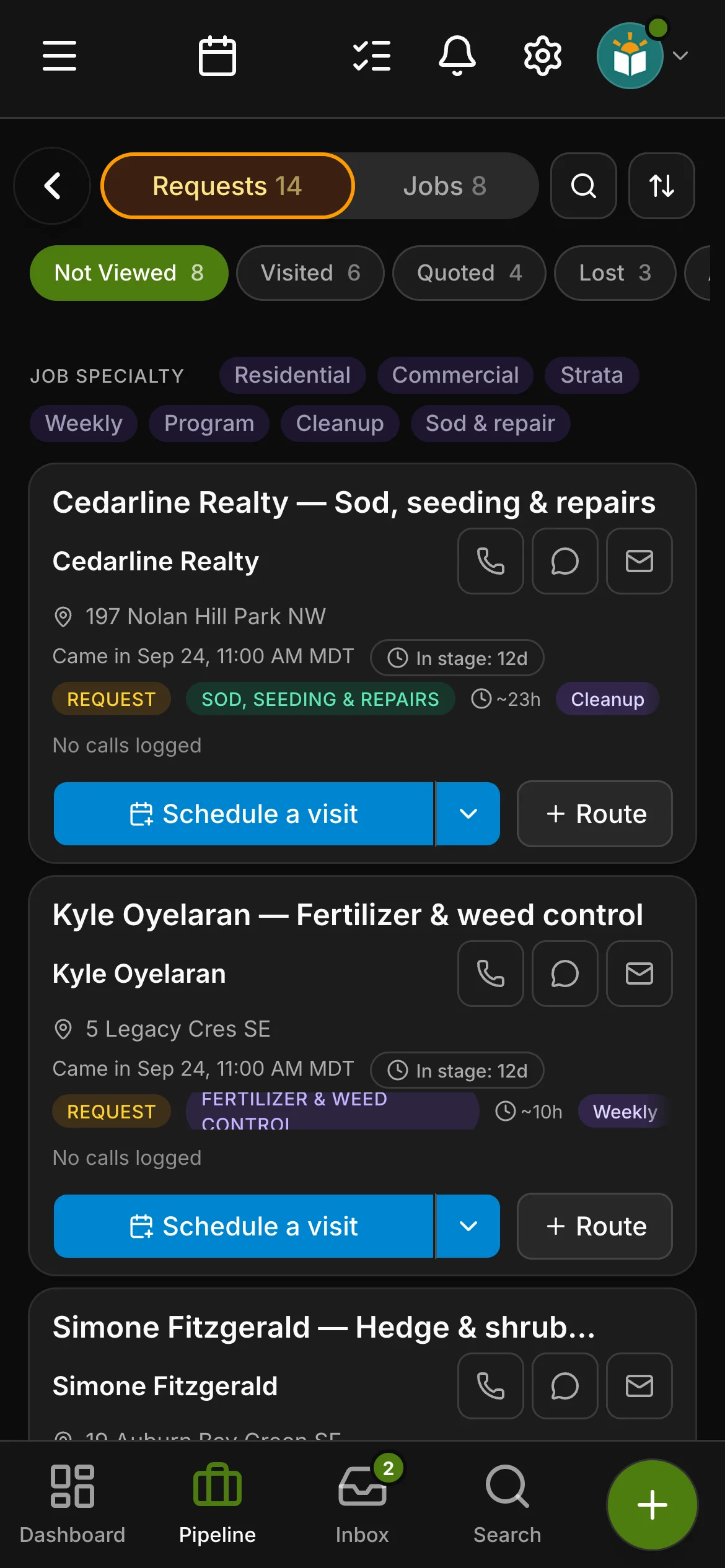 The requests board in Daybook: “Cedarline Realty — Sod, seeding & repairs” and “Kyle Oyelaran — Fertilizer & weed control”.