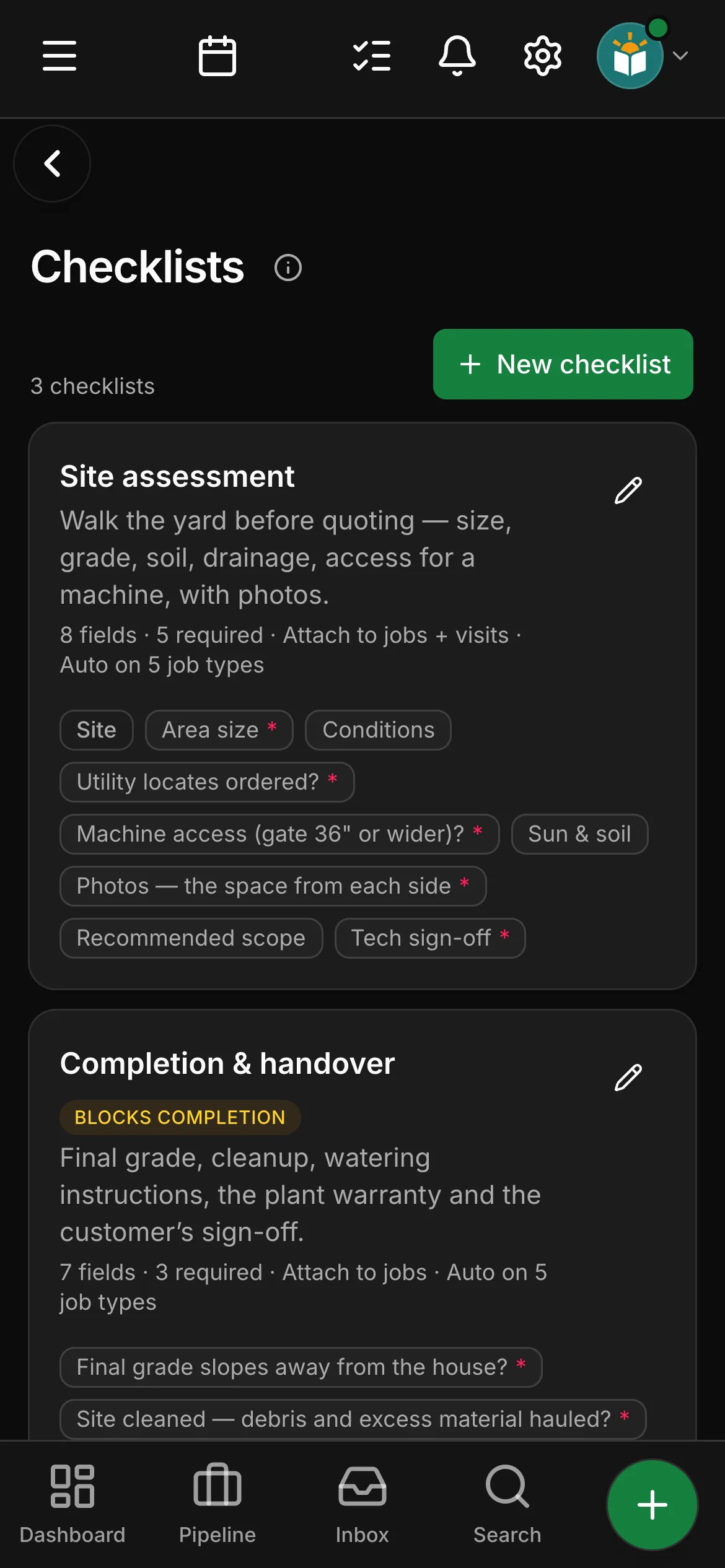 The checklists in Daybook: “Site assessment” and “Completion & handover”, the second marked as blocking a job’s completion.