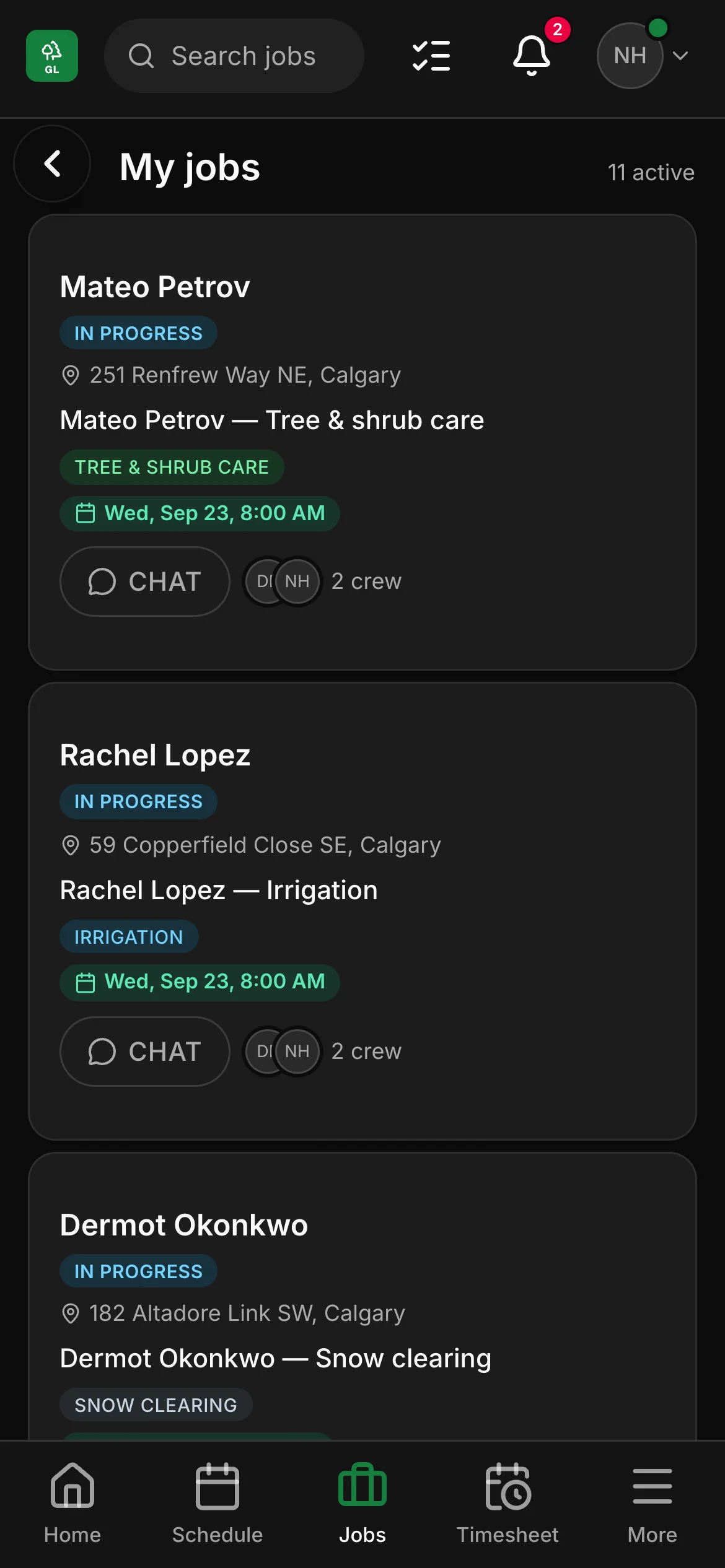 A crew member’s list in the crew app, 11 active: “Mateo Petrov — Tree & shrub care” and “Rachel Lopez — Irrigation” among them, each with its address and its time.