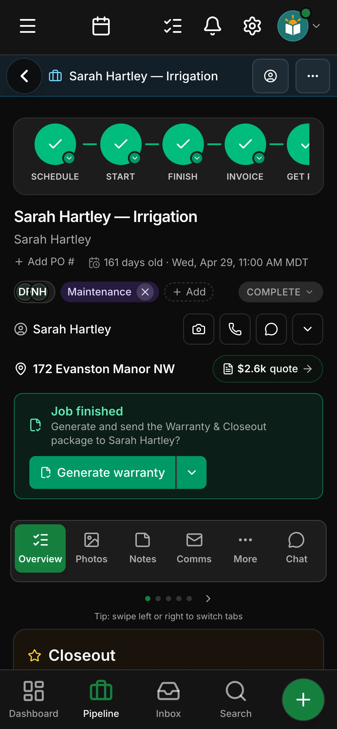A finished job in Daybook: Job finished, Generate warranty and Closeout.
