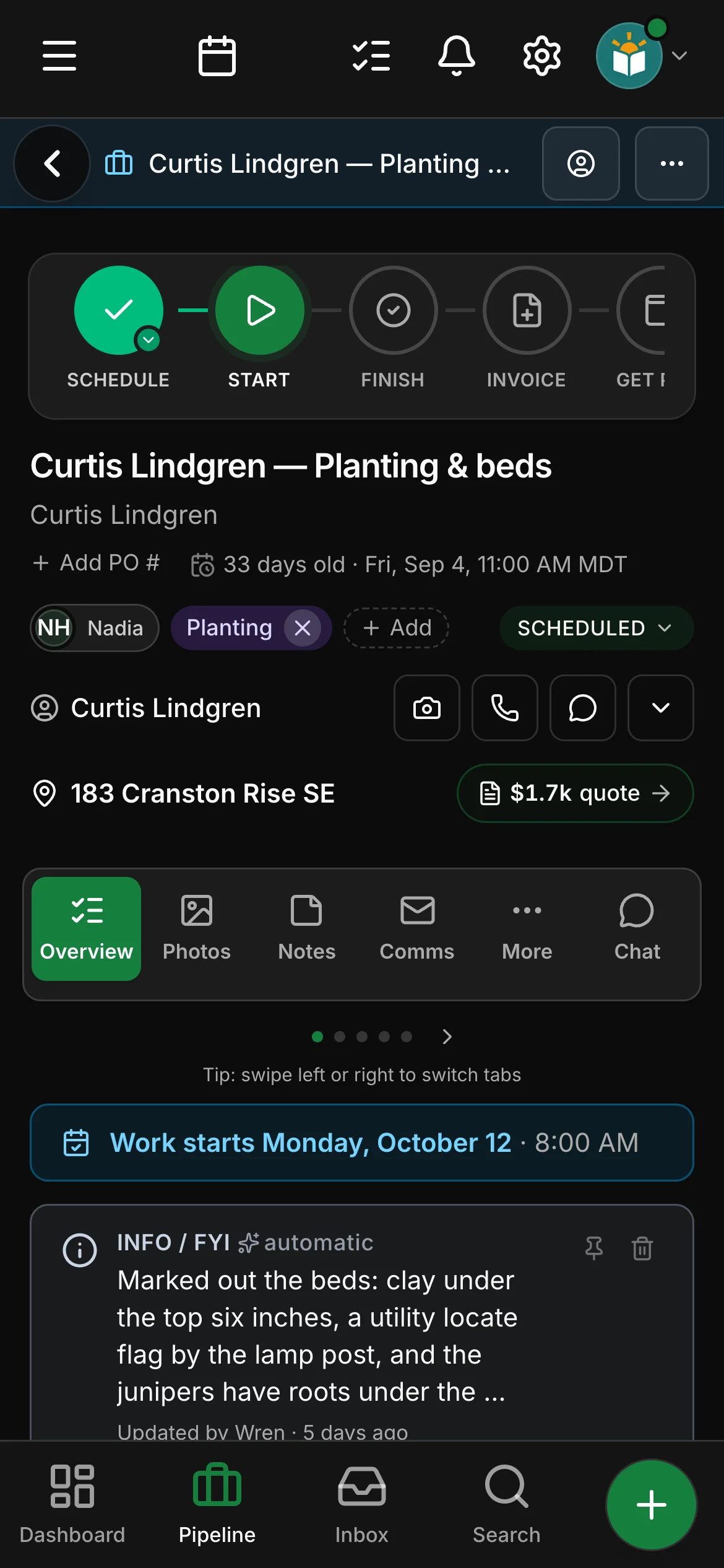 The job on its page in Daybook, its steps across the top: Schedule, Start, Finish, Invoice and Get paid.
