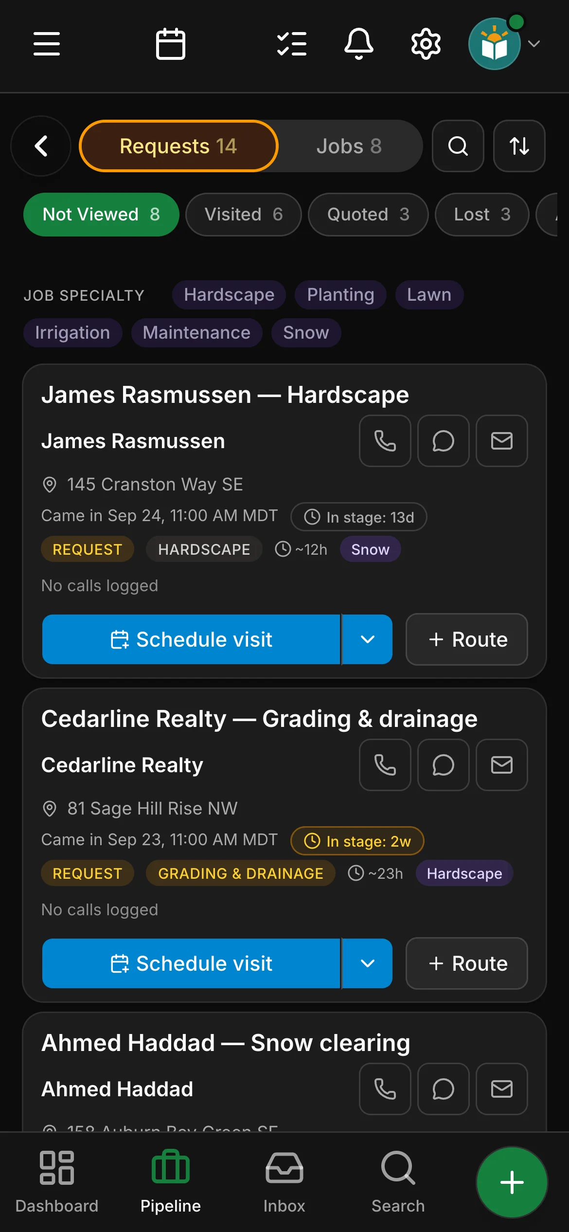 The requests board in Daybook: “James Rasmussen — Hardscape” and “Cedarline Realty — Grading & drainage”.