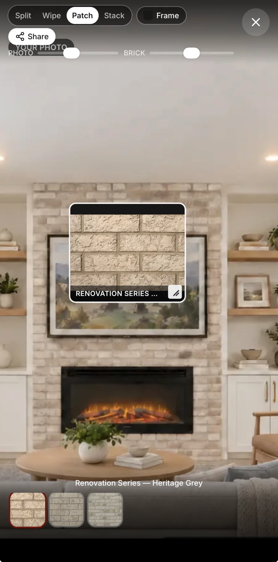 Patch, full screen: a square of Renovation Series Heritage Grey laid over the client’s fireplace photo, with the three suggested matches along the bottom.
