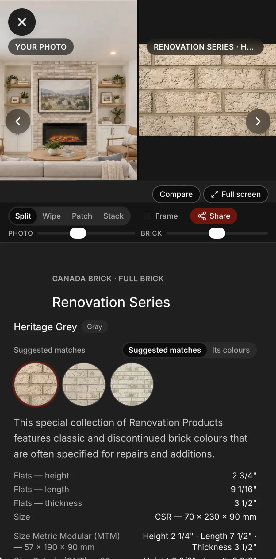 A match held against the client’s photo: their living-room fireplace on the left, Renovation Series brick in Heritage Grey on the right, with Split, Wipe, Patch and Stack, a zoom for the photo and one for the brick, then the brick’s sizes and the other suggested matches.