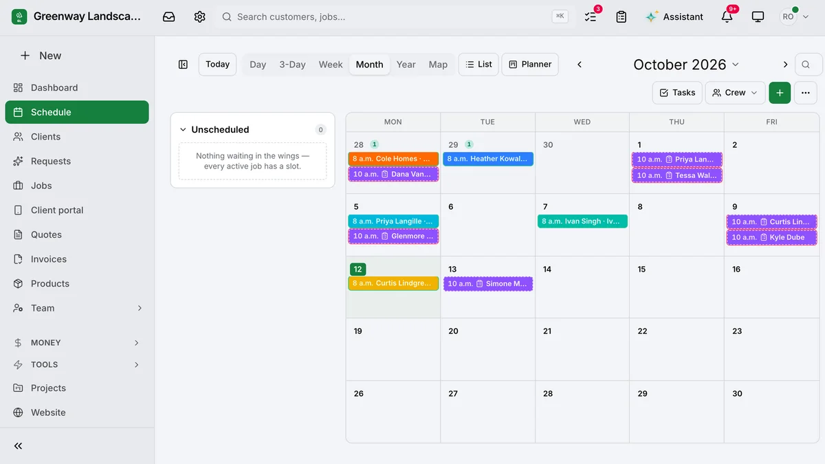 A landscaping company’s month on the schedule, each crew’s visits on its day: Month and Planner.