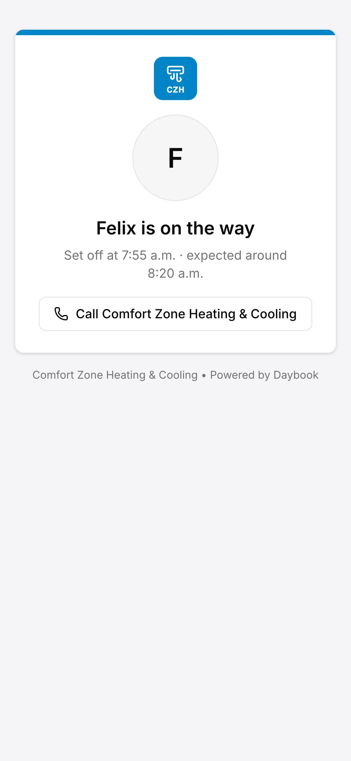 The page a client opens from the On my way text: “Felix is on the way”, set off at 7:55 a.m., expected around 8:20 a.m.