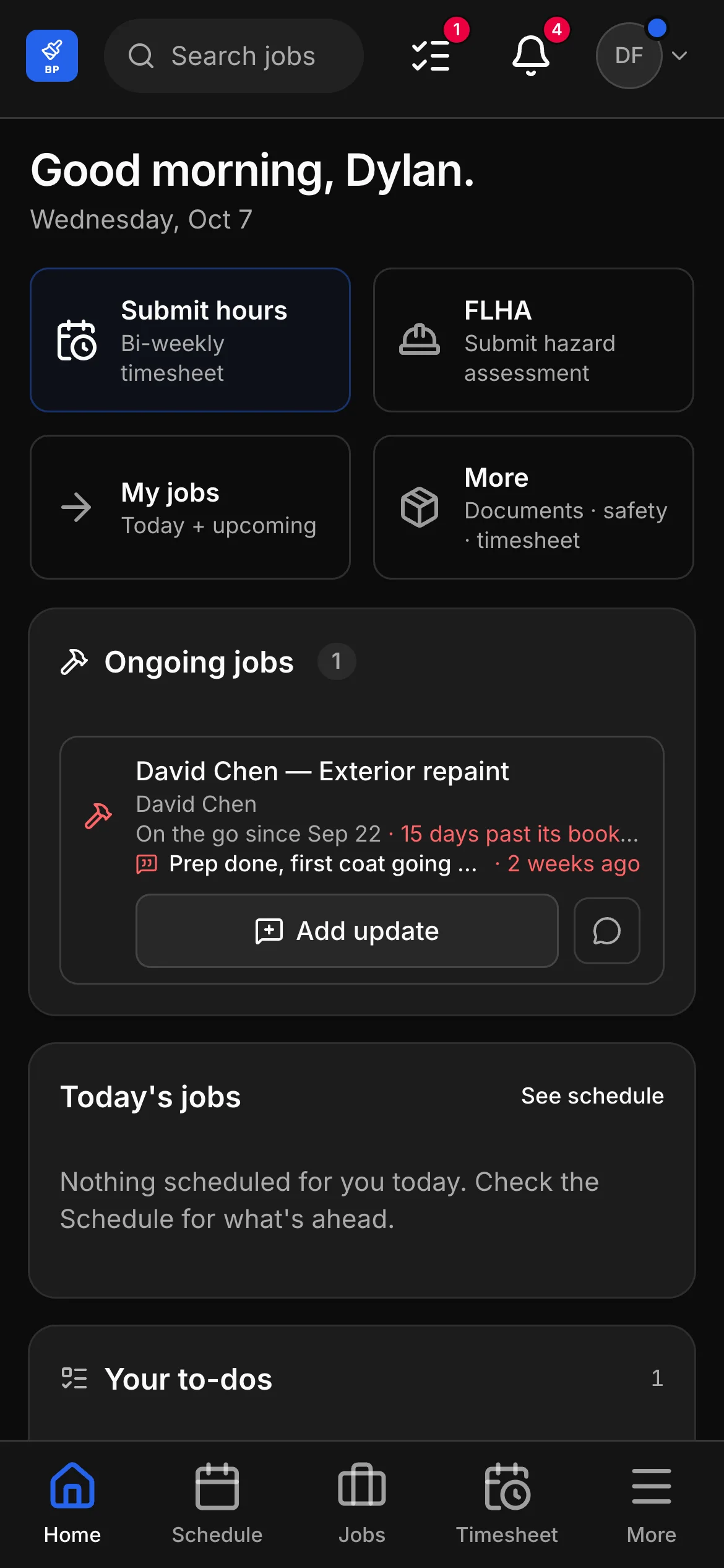 The crew app’s home: a greeting by name, then Submit hours, FLHA, My jobs and More, and the jobs on the go below them, each with Add update.
