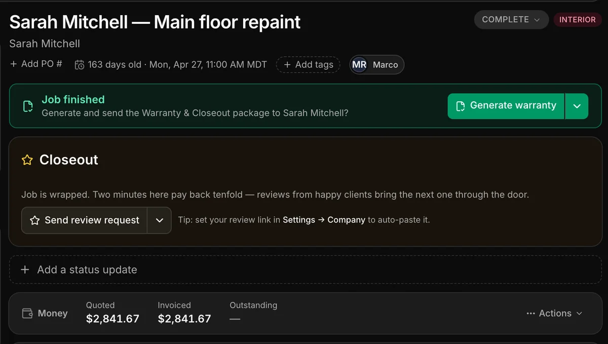 A finished job in Daybook: Job finished, Generate warranty and Closeout.