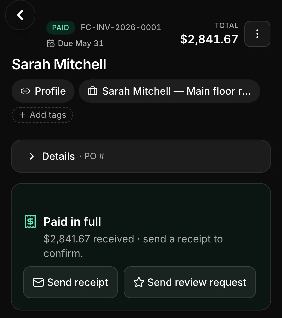 A paid invoice in Daybook: FC-INV-2026-0001, paid, $2,841.67.