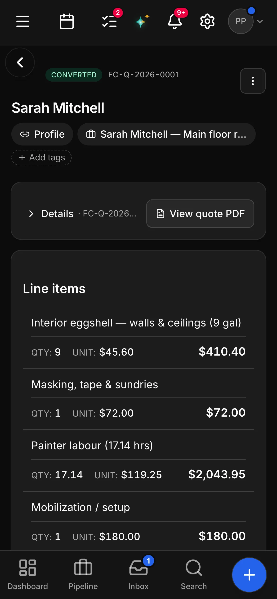 A painting quote on a phone: interior eggshell for the walls and ceilings, masking and sundries, the painter’s hours and mobilization, each with its quantity, unit price and total.