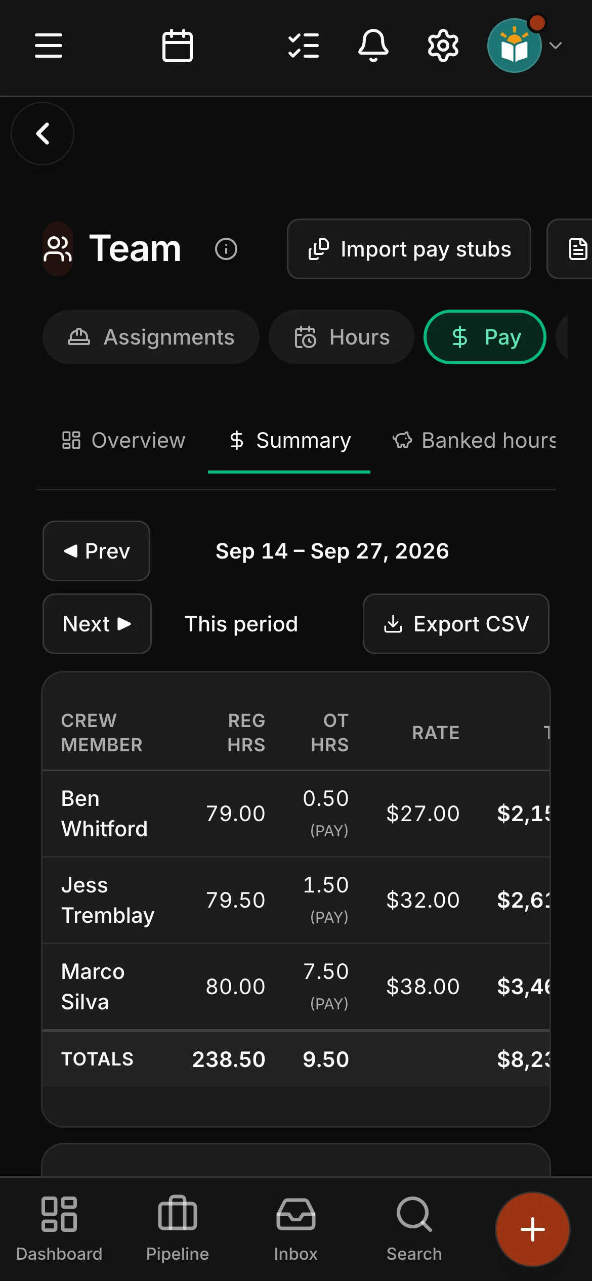The last pay period’s run: Ben Whitford, Jess Tremblay and Marco Silva, regular and overtime hours, each person’s rate and pay, and Export CSV.