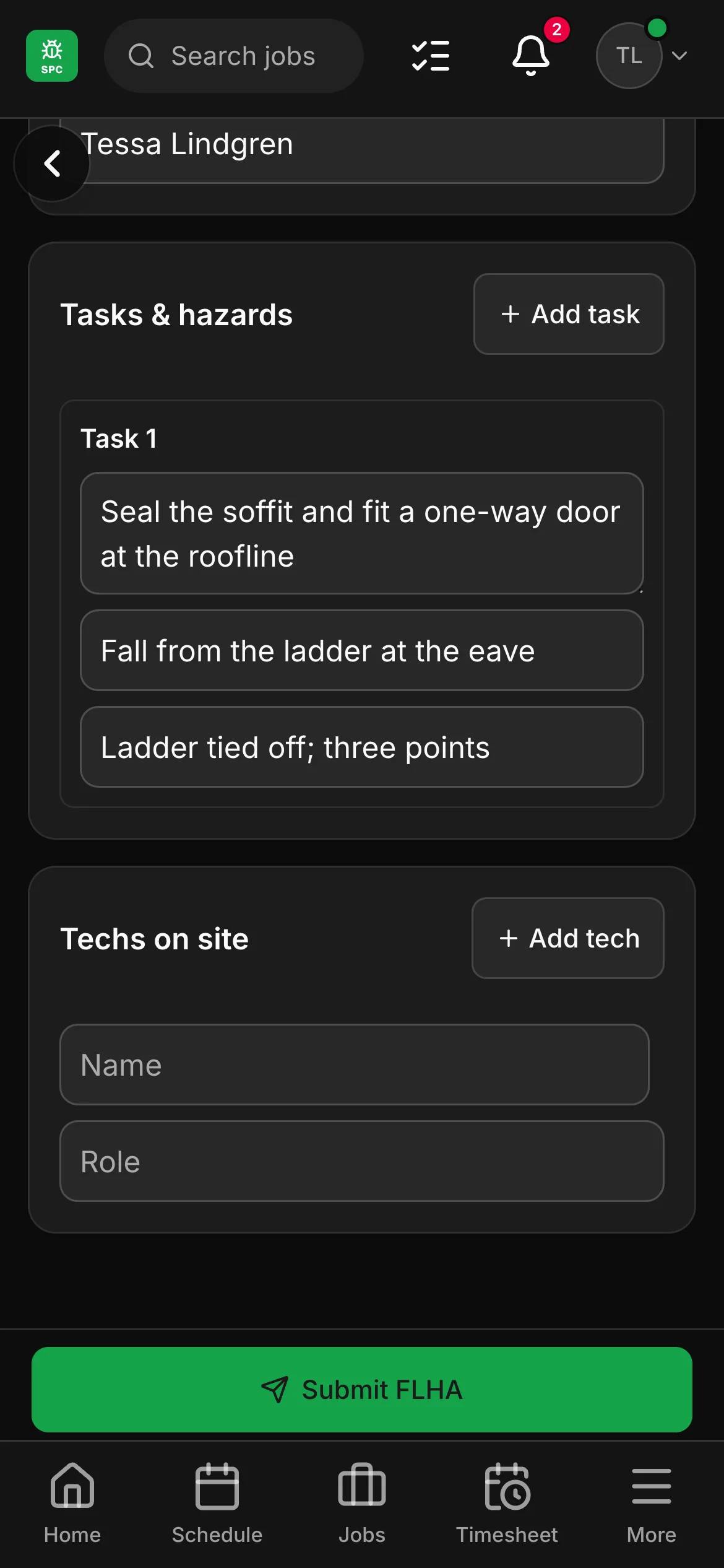 An FLHA in the crew app, “Seal the soffit and fit a one-way door at the roofline”: the task with its hazard and its control.