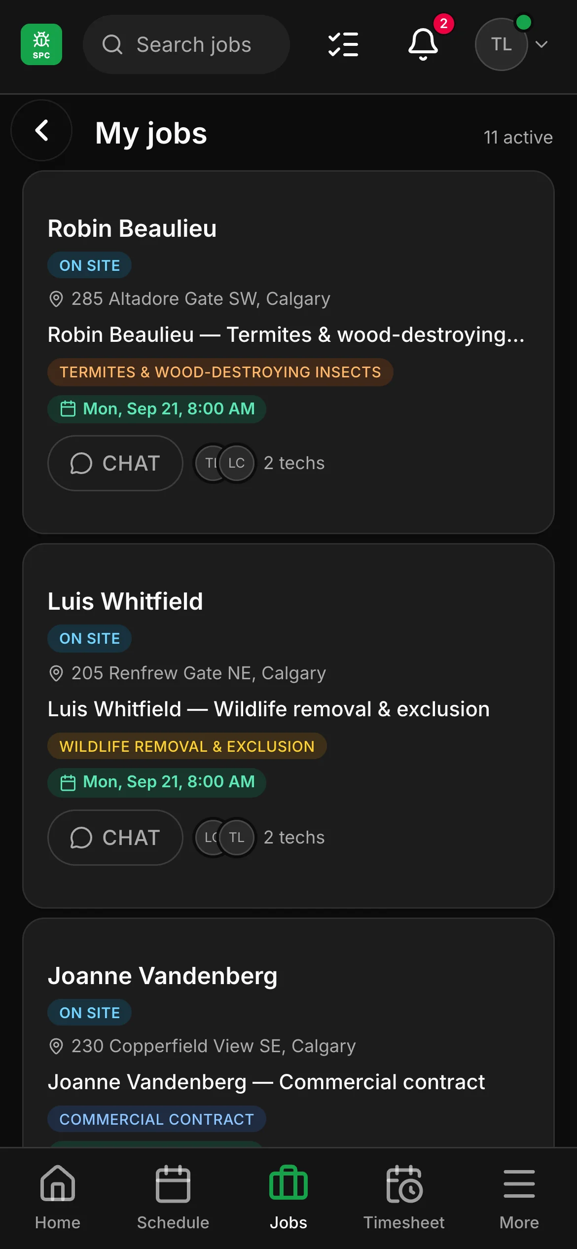 A crew member’s list in the crew app, 11 active: “Robin Beaulieu — Termites & wood-destroying insects” and “Luis Whitfield — Wildlife removal & exclusion” among them, each with its address and its time.