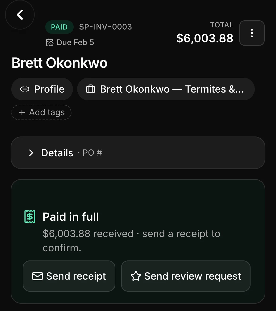 A paid invoice in Daybook: SP-INV-0003, paid, $6,003.88.